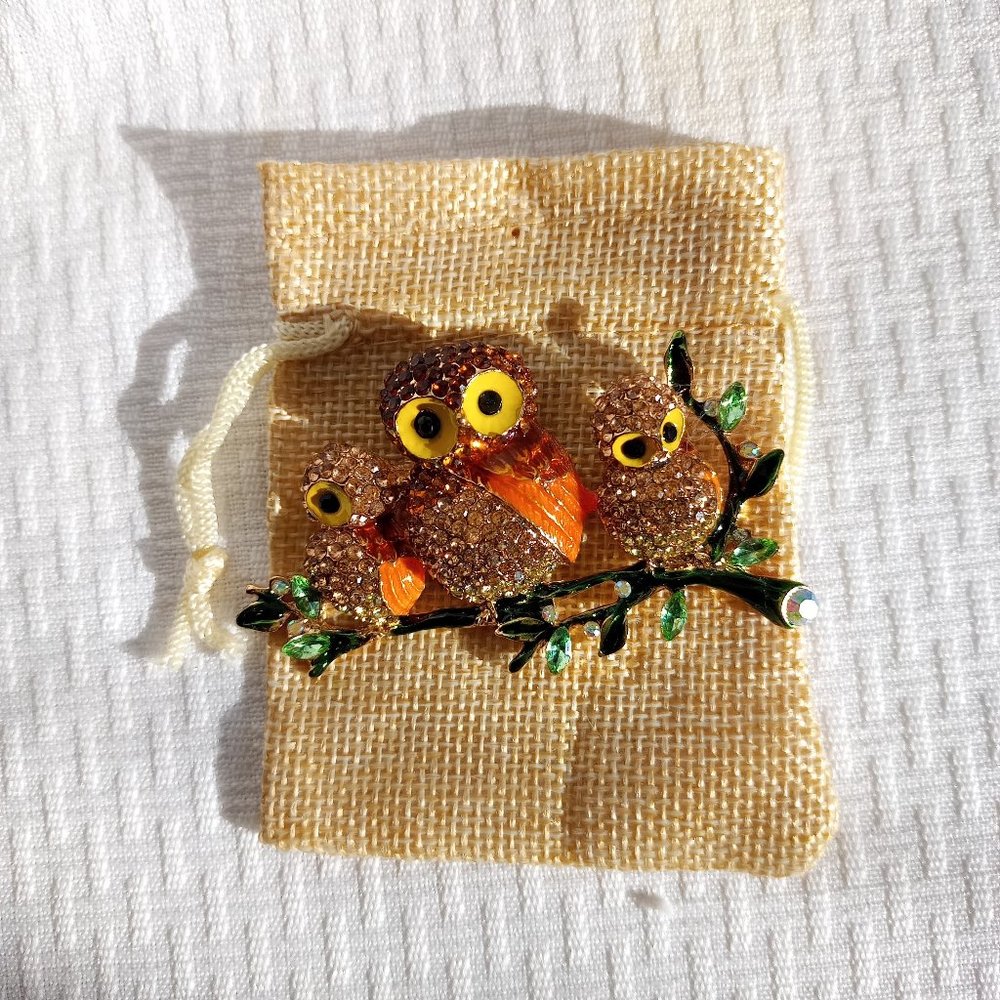 Brown Owls Rhinestone Pin Broach - Picture 2 of 3